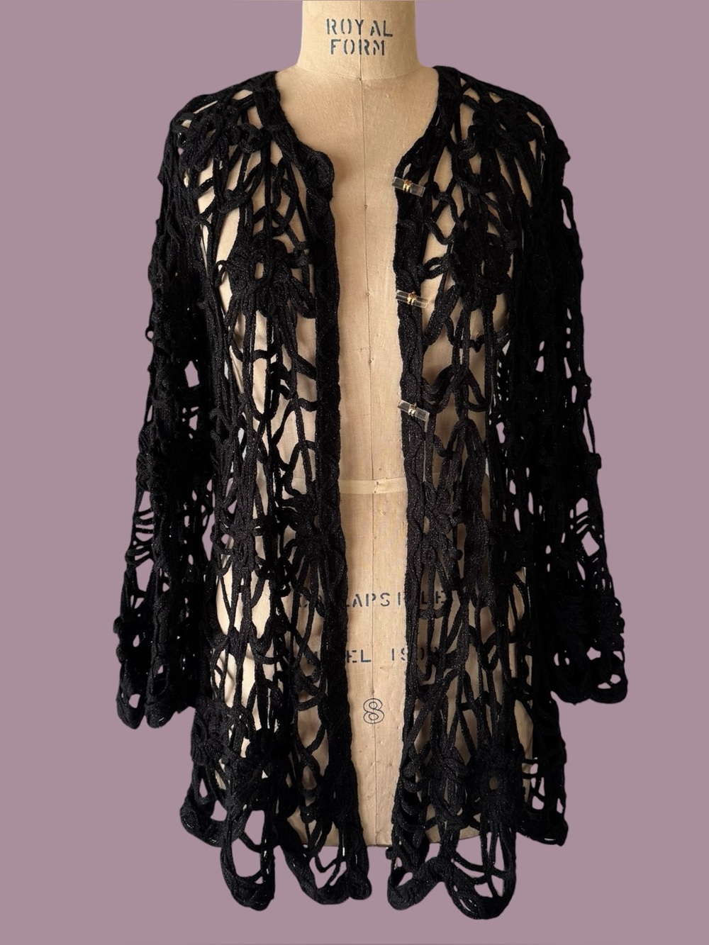 Vintage 90s Avant Garde Black Openwork Crochet Spiderweb Cardigan